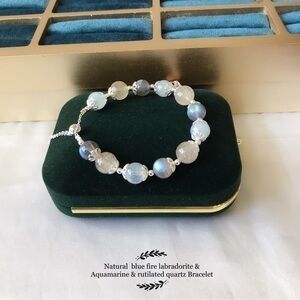 - - **Natural  blue fire labradorite & Aquamarine & rutilated quartz Bracelet